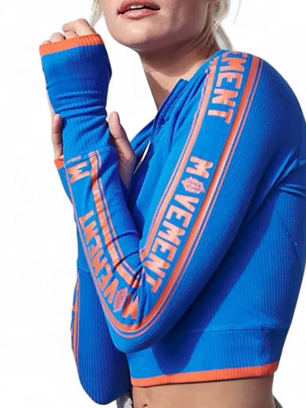 Free People Movement Top Notch Blue & orange ribbed long sleeve crop quarter zip